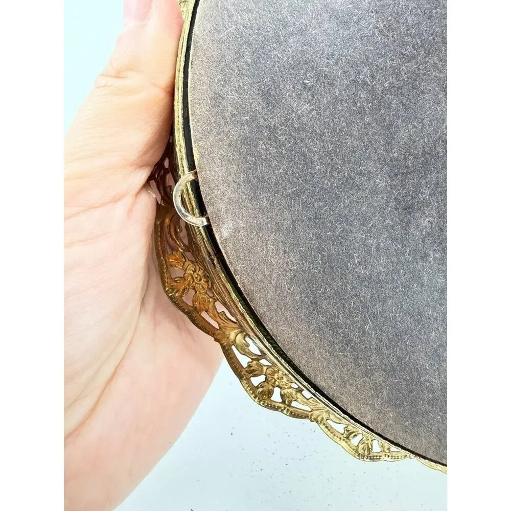 Vintage Round Wall Mirror Ornate Gold Tone Filigree Metal Floral Frame